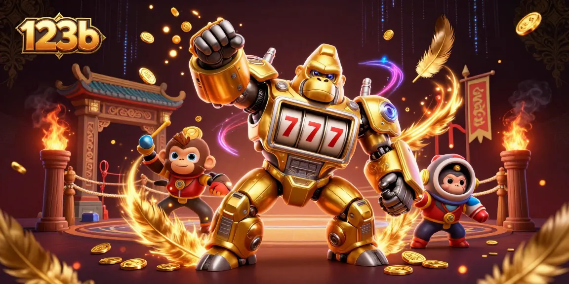 Engage with 123b in a vibrant 3D online casino scene featuring a golden gorilla mech.
