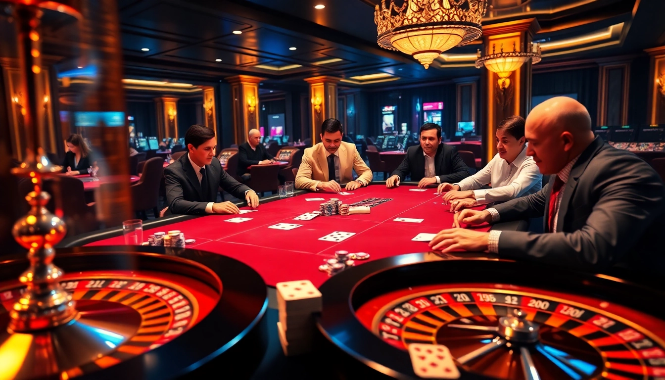 Experience the thrill of CM88 nhà cái with players at a luxury poker table in an elegant casino.