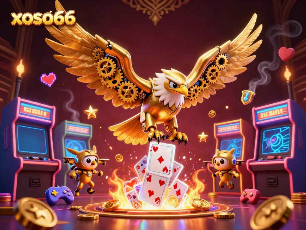 Experience the thrill of xoso66 with a cybernetic eagle diving through holographic cards in a vibrant casino.