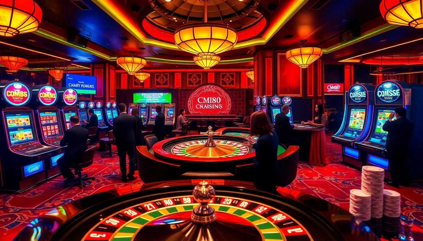 Experience the thrill of CM88 at a luxurious casino with roulette and slot machines.