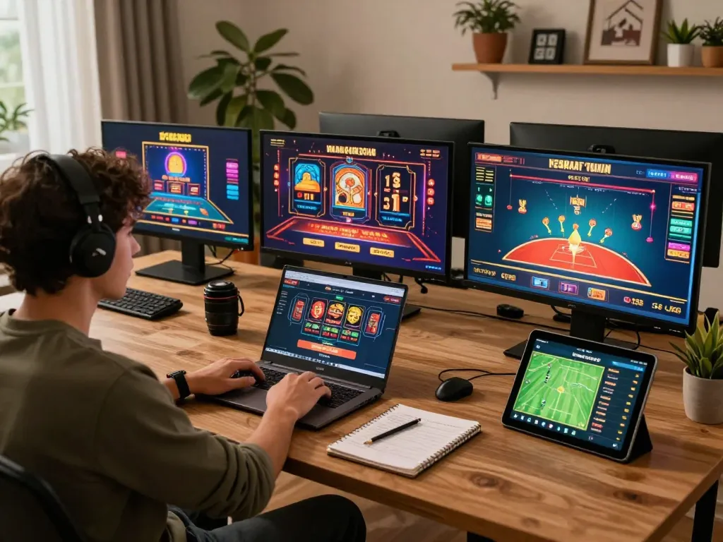 Engaged player enjoying RR88 online casino games in a cozy home setup with a live dealer show.