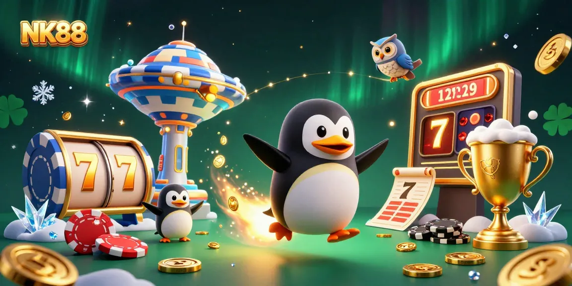 Experience excitement with NK88 as a golden penguin launches toward a vibrant casino jackpot.