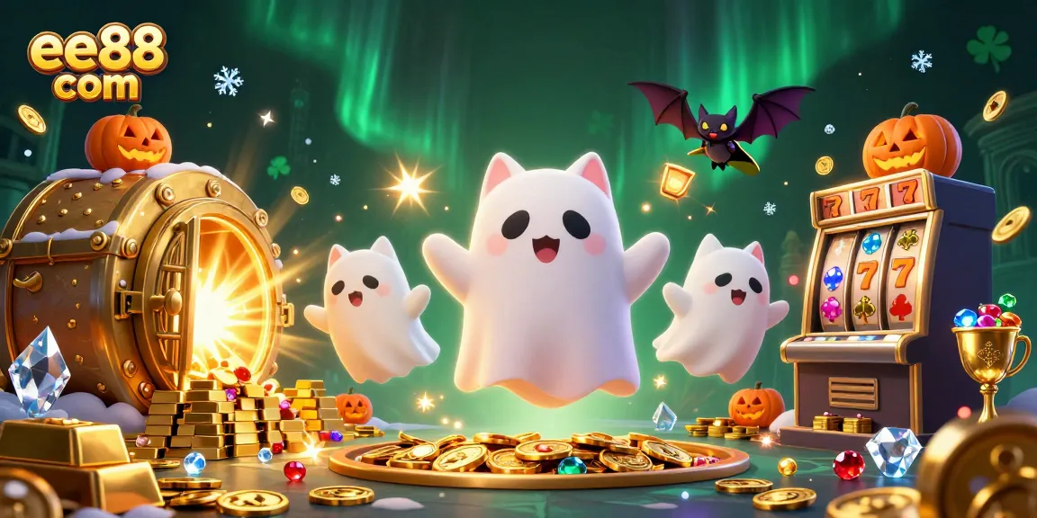 Win big at ee88 com with a haunted casino scene featuring a ghost cat and thrilling slot elements.