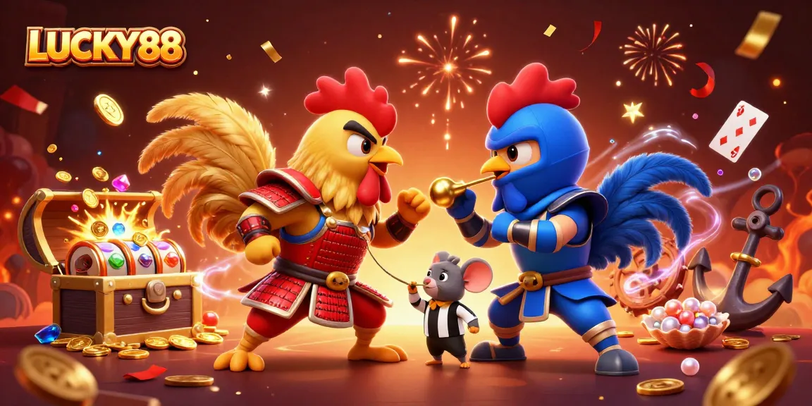 Experience thrilling battles with LUCKY88's vibrant roosters fighting for glory amidst a treasure-filled casino.