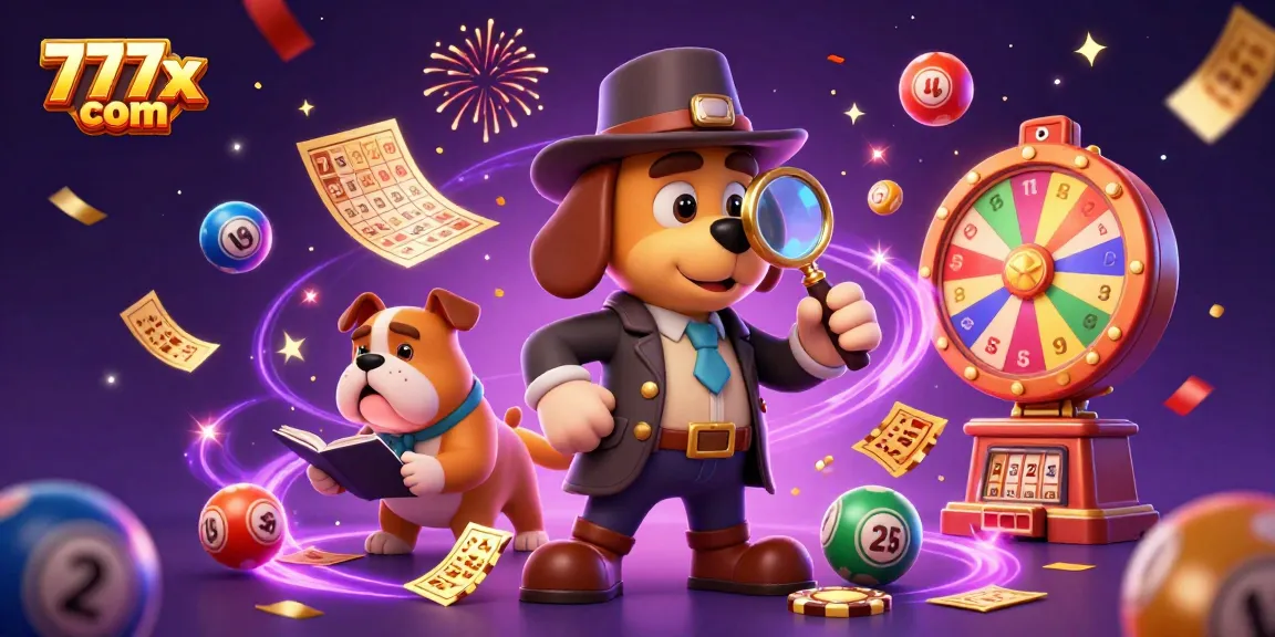 Engage with 777x com in an action-packed 3D casino scene featuring dynamic lottery balls and poker clues.