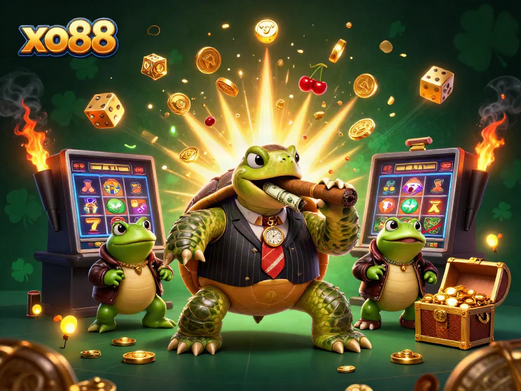 Experience the thrill of the xo88 casino with a vivid illustration showcasing a cartoon turtle in a mobster suit, flying coins, and vibrant gameplay elements.
