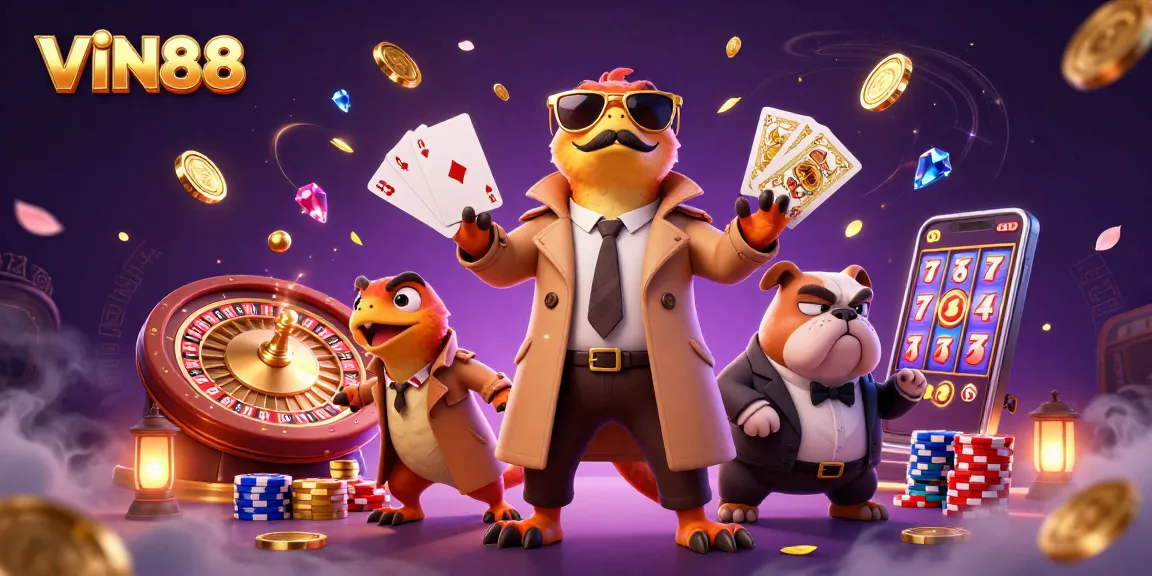 Experience the VIP entry with VIN88's colorful casino scene featuring playful raptors and dazzling game elements.