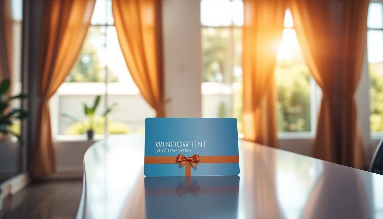 Showcase a window tint gift card elegantly placed, highlighting premium services in a warm setting.