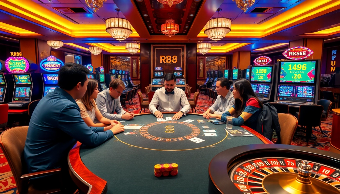 High-stakes poker action at RR88 casino with vibrant slot machines and roulette wheels.