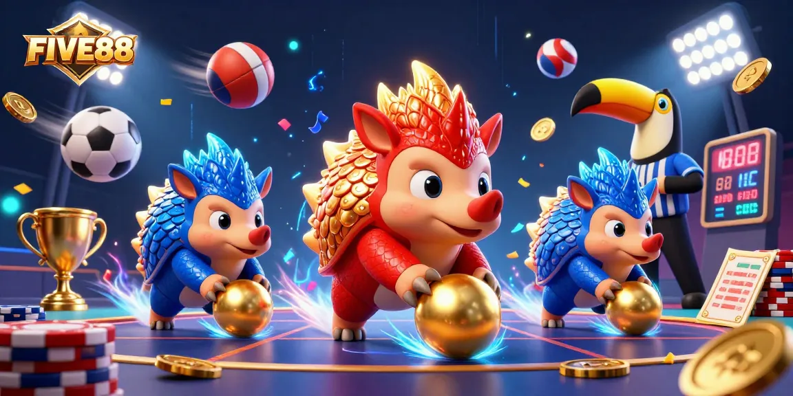 Experience the thrill of FIVE88 with dynamic rival pangolins engaging in high-stakes gaming.
