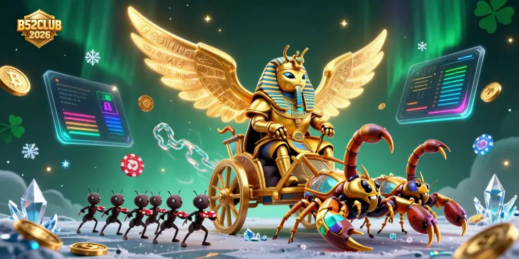 Engage with the vibrant B52CLUB 2026 casino scene showcasing a golden scarab beetle and crypto elements.
