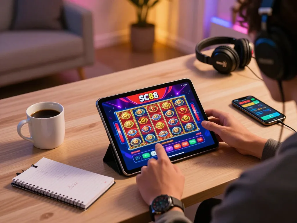 Engaging in SC88 casino app gaming with dynamic slots interface and strategic betting notes.