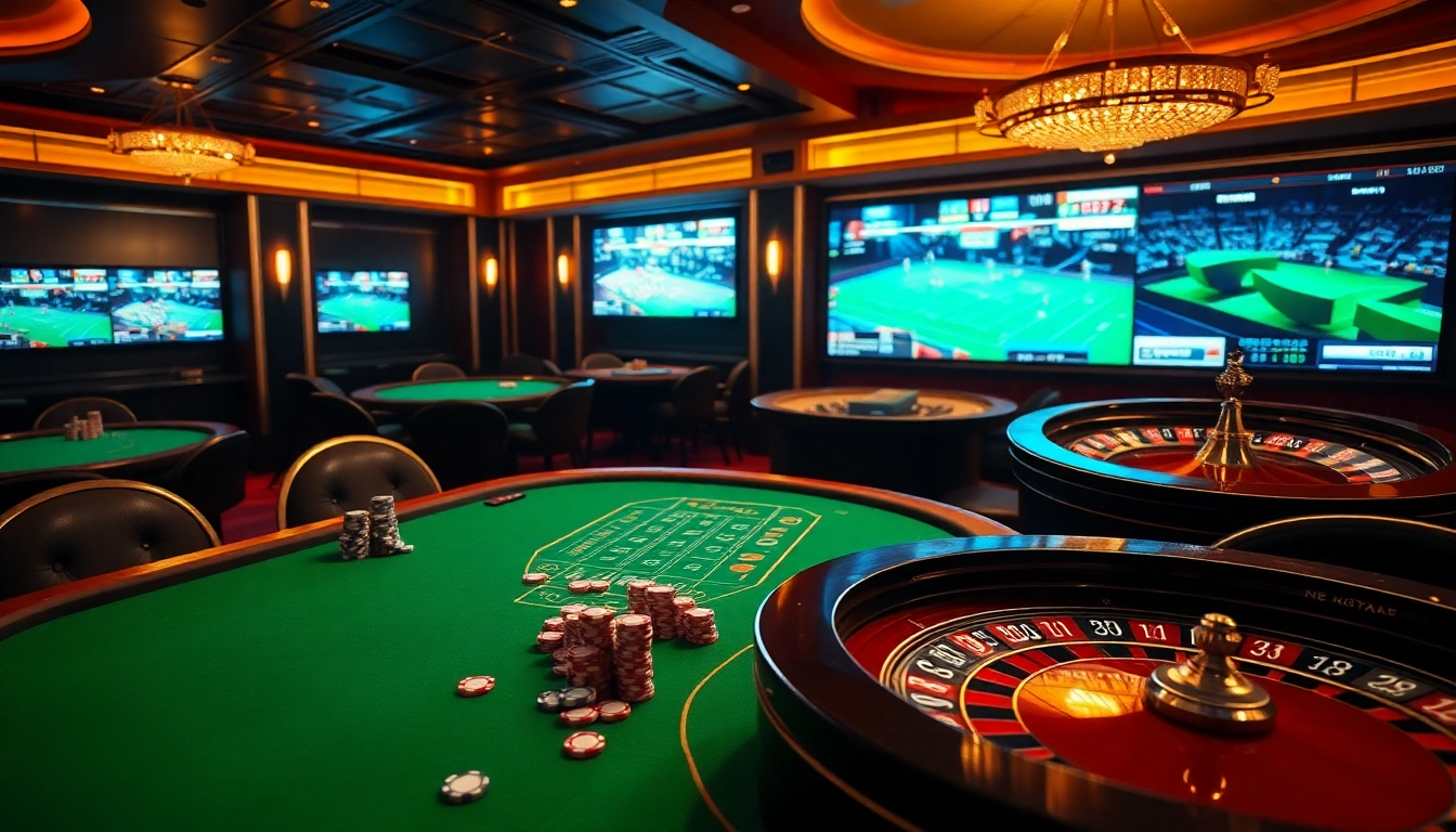 Exciting casino scene featuring sky88 thể thao sports betting activity with poker chips and games.