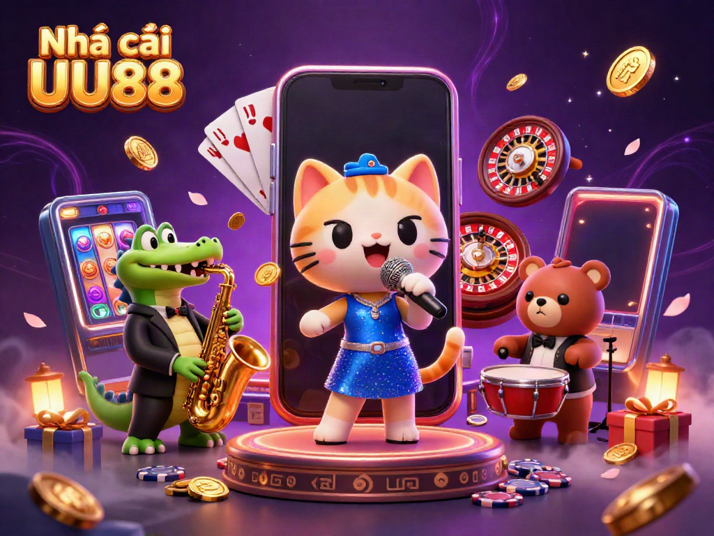 Engage with Nhà cái UU88 in this festival of gaming, featuring characters amidst vibrant slots and casino elements.