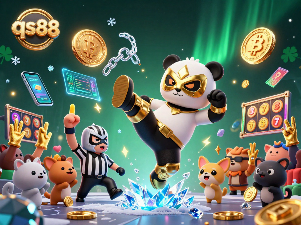 Watch the exciting qs88 online casino scene with a panda and chihuahua enjoying slots and cryptocurrency!