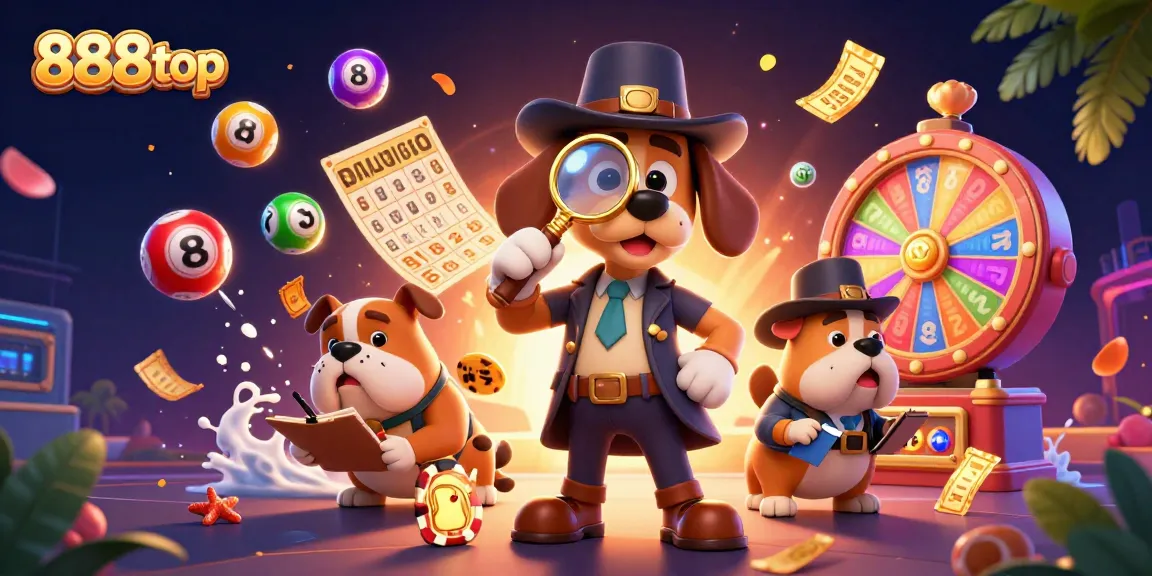 Win big with 888top as a detective investigates colorful lottery balls and golden poker chips.