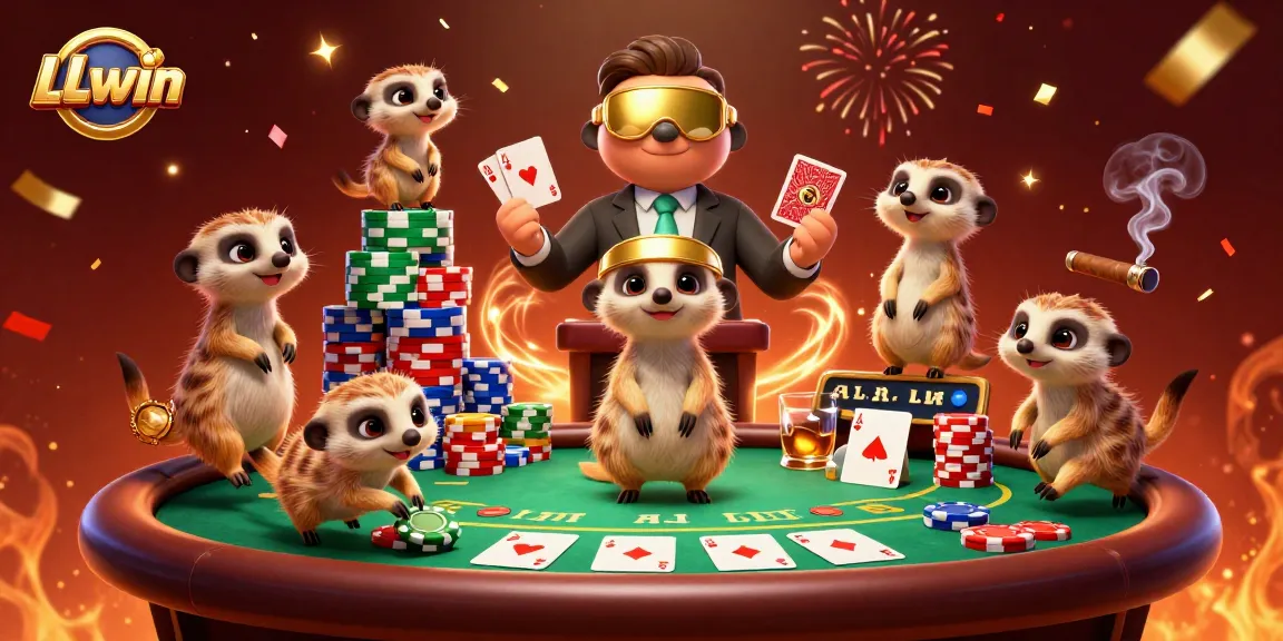 LLwin casino meerkats managing a vibrant gaming scene with poker elements.
