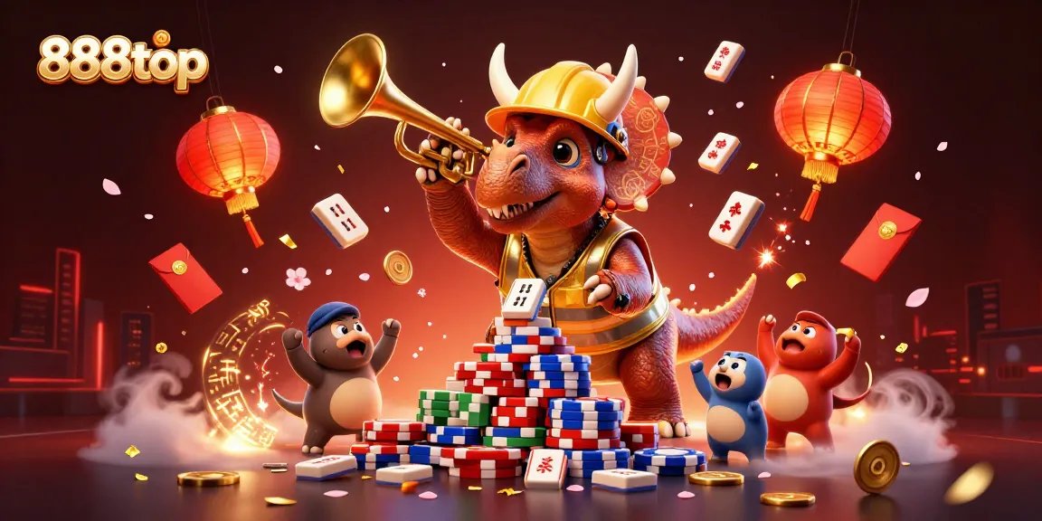Reveal the excitement of 888top as a triceratops builds poker chip towers amidst gaming celebrations.