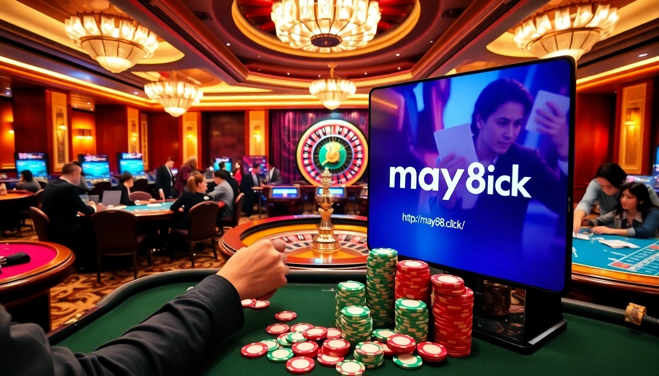 Experience the thrill of online gambling with https://may88.click/ featuring poker chips and roulette tables.