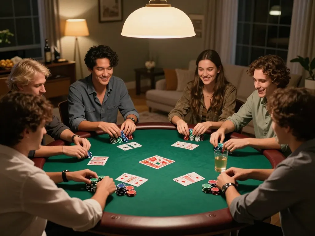 Friends enjoying a poker night at home, displaying a lively CM88 gaming session.
