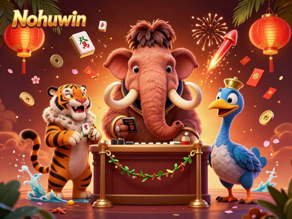 Nohuwin showcases a vibrant casino scene with a woolly mammoth bouncer and a saber-tooth tiger VIP.