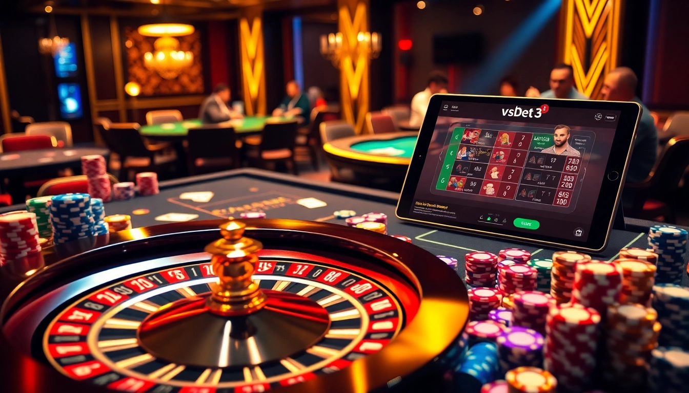A thrilling casino scene showcasing a roulette wheel and poker chips, inspired by https://vsbet3.net/ betting excitement.