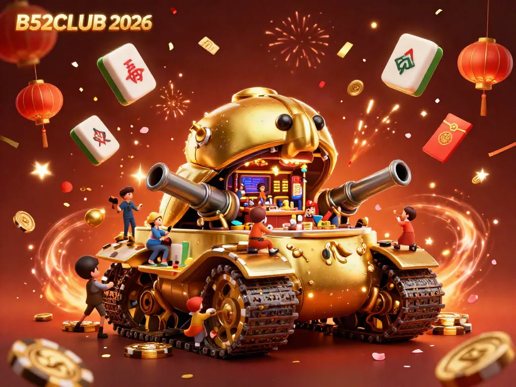 Experience the thrill of B52CLUB 2026 with a vibrant 3D casino scene featuring a golden beetle tank and festive elements.