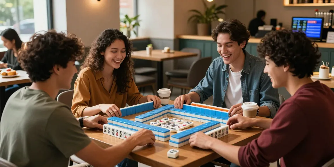 Engaged players at https://hm88.cafe/ enjoying a lively Mahjong game in a stylish cafe with colorful tiles and coffee.