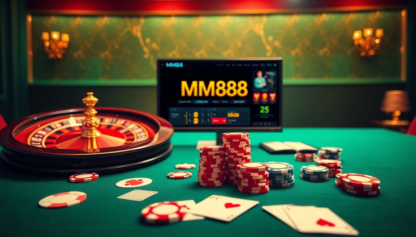 Engage in thrilling online gambling with MM88 via a stylish casino table scene showcasing poker chips.