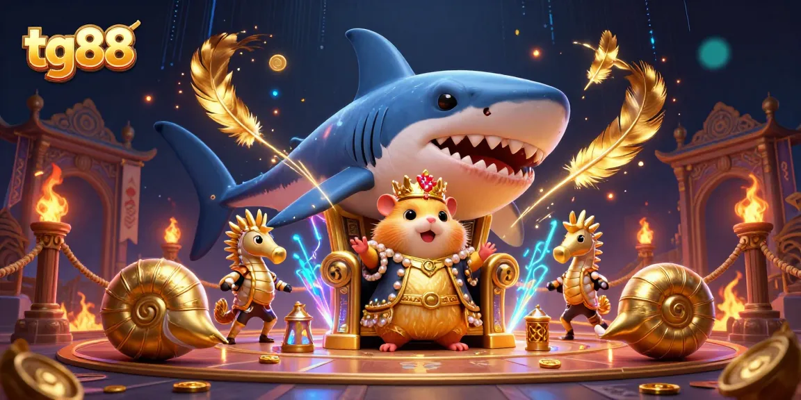 Experience the excitement of tg88 as the golden hamster king reigns over a gaming arena filled with coins and royal seahorse guards.