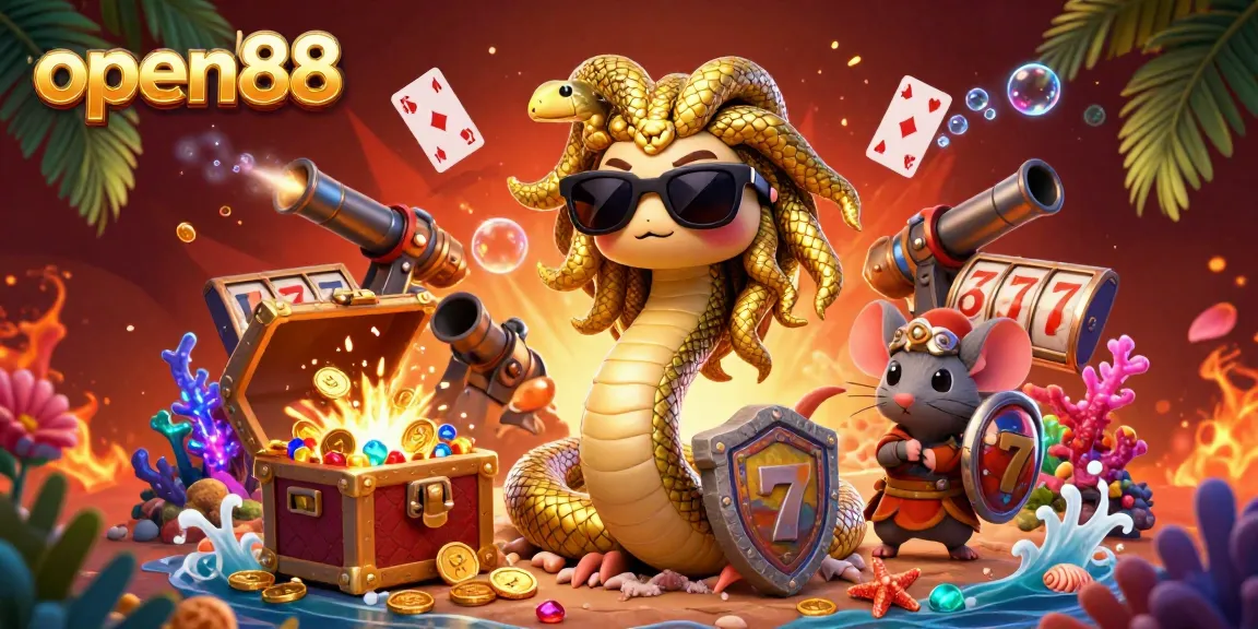 Experience open88's vibrant casino adventure with Medusa and a warrior mouse amidst treasure.