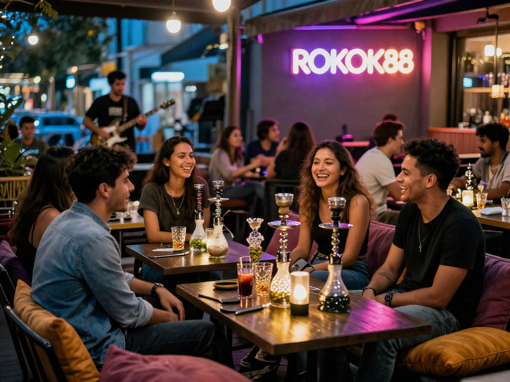 Friends enjoying the vibrant atmosphere with rokok88 link alternatif at a café, colorful lights, and shisha.