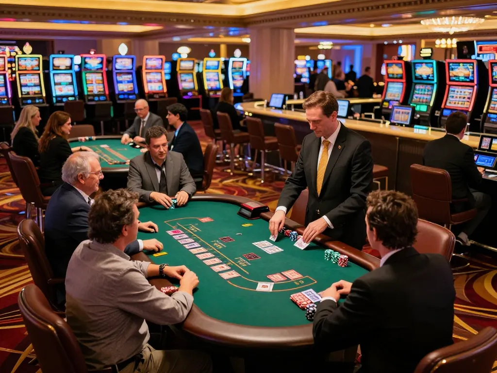 va88 players engaging in blackjack gameplay at a vibrant Las Vegas casino, showcasing strategy and luxury.