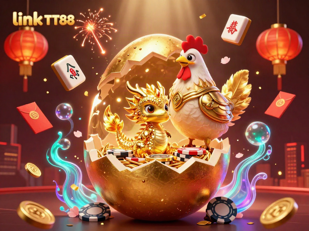 Experience the excitement of link TT88 with this dynamic illustration featuring a baby dragon and golden poker chips.