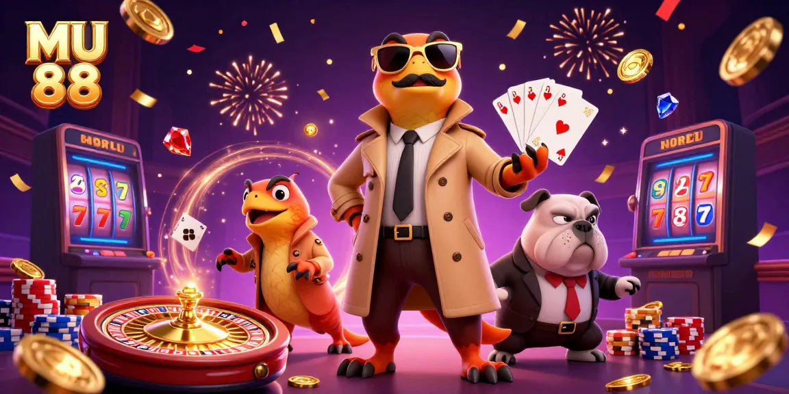 MU 88 raptors in a trench coat entering a casino, surrounded by vibrant gaming elements.