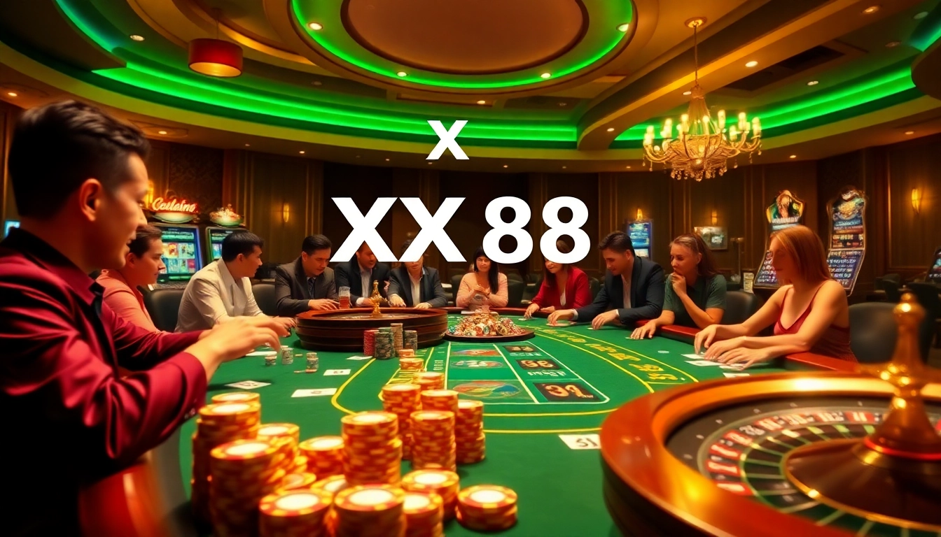 Players enjoying a thrilling casino experience at XX88, featuring vibrant poker chips and roulette wheels.