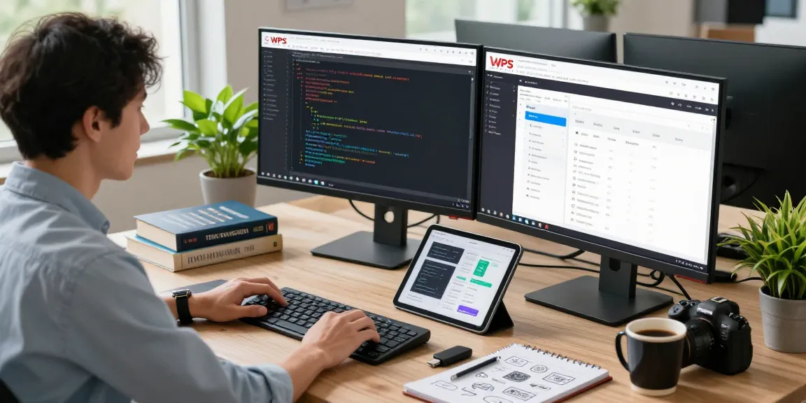 Focused developer coding on dual monitors featuring the WPS Official Website in a modern workspace.