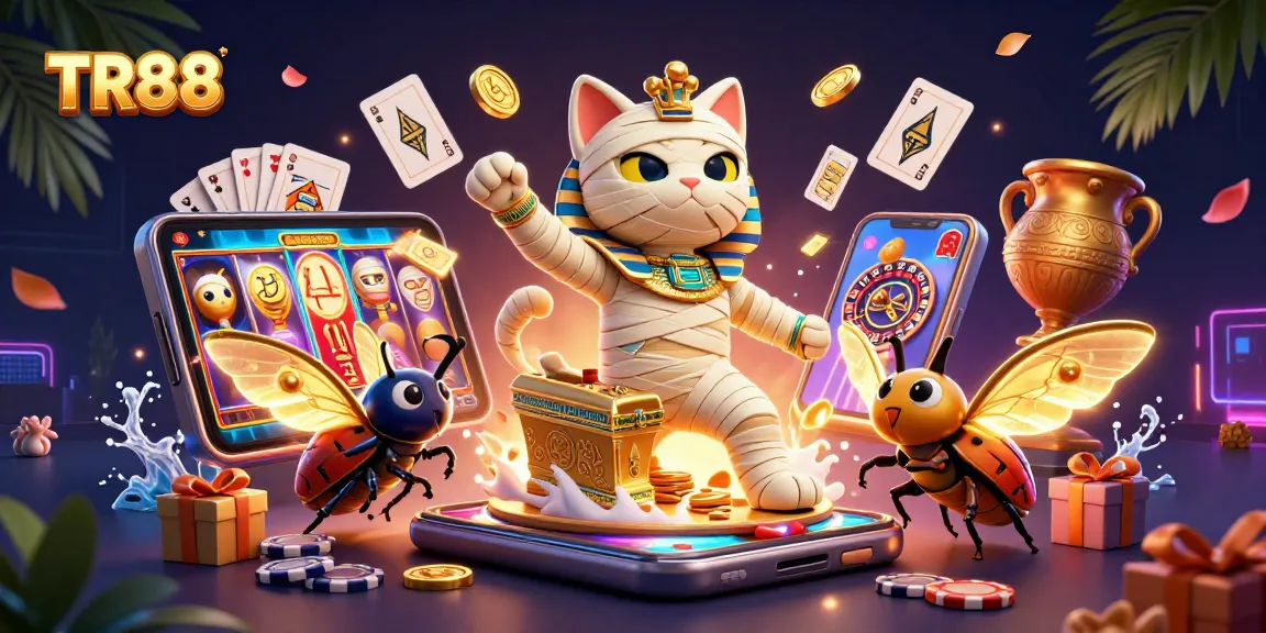 TR88 showcases an Egyptian mummy cat amidst a vibrant casino scene, featuring slot games and golden rewards.