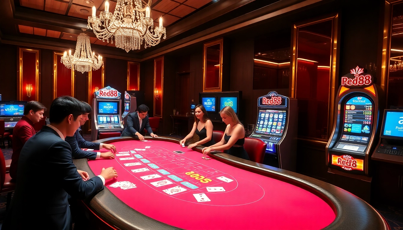 Players enjoy a thrilling baccarat experience at red88 casino, surrounded by vibrant gaming elements.