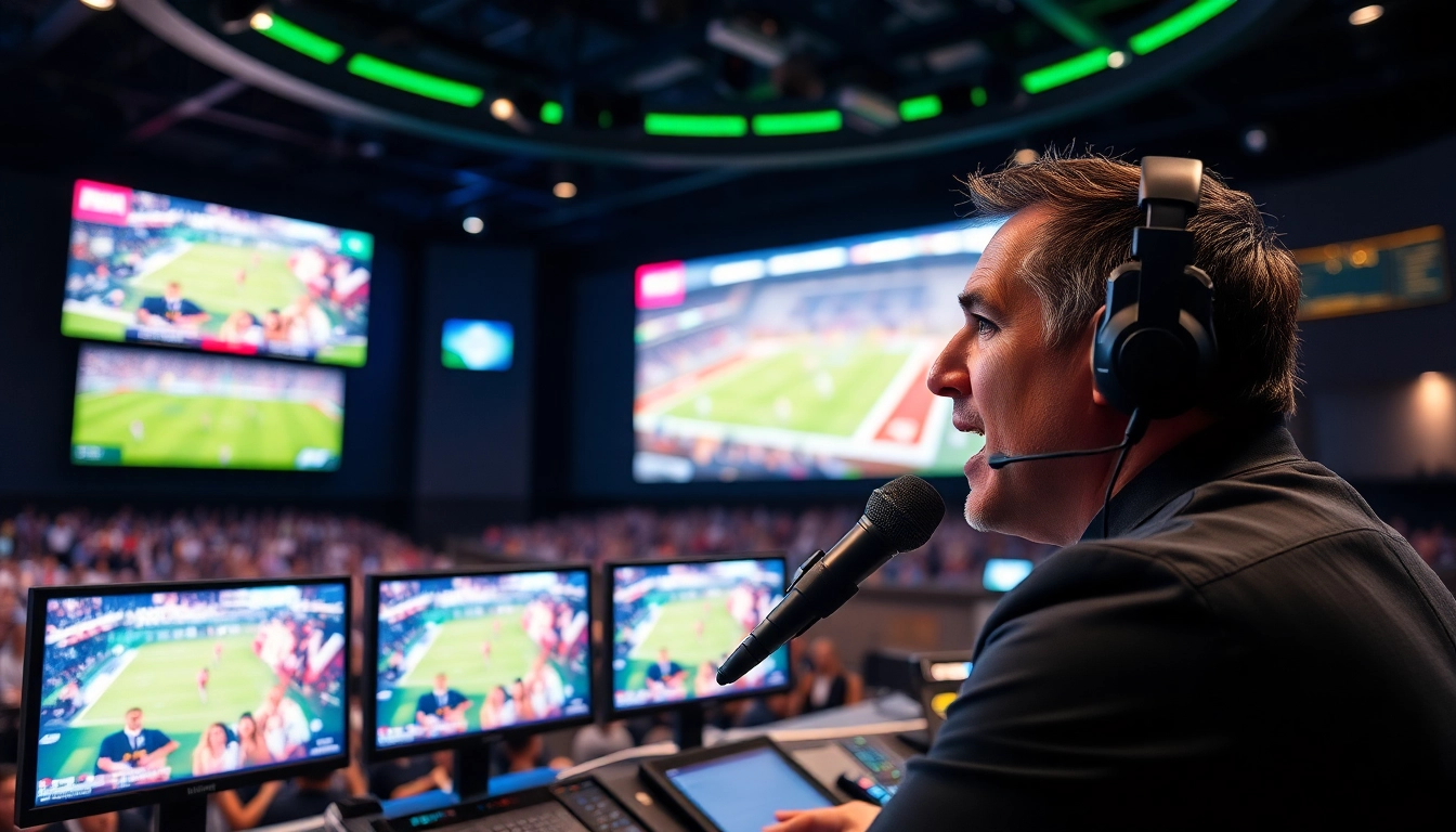 Passionate sports broadcasting in a dynamic studio with technology and audience excitement.