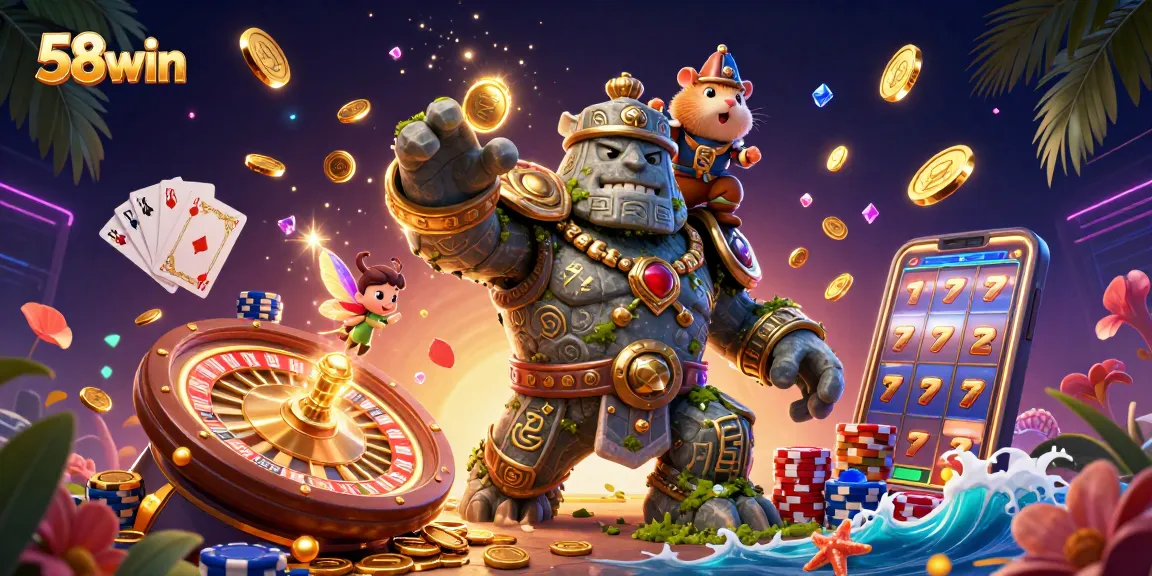 Embark on thrilling adventures with 58win's stone guardian, magic fairy, and knight in this vibrant casino scene.