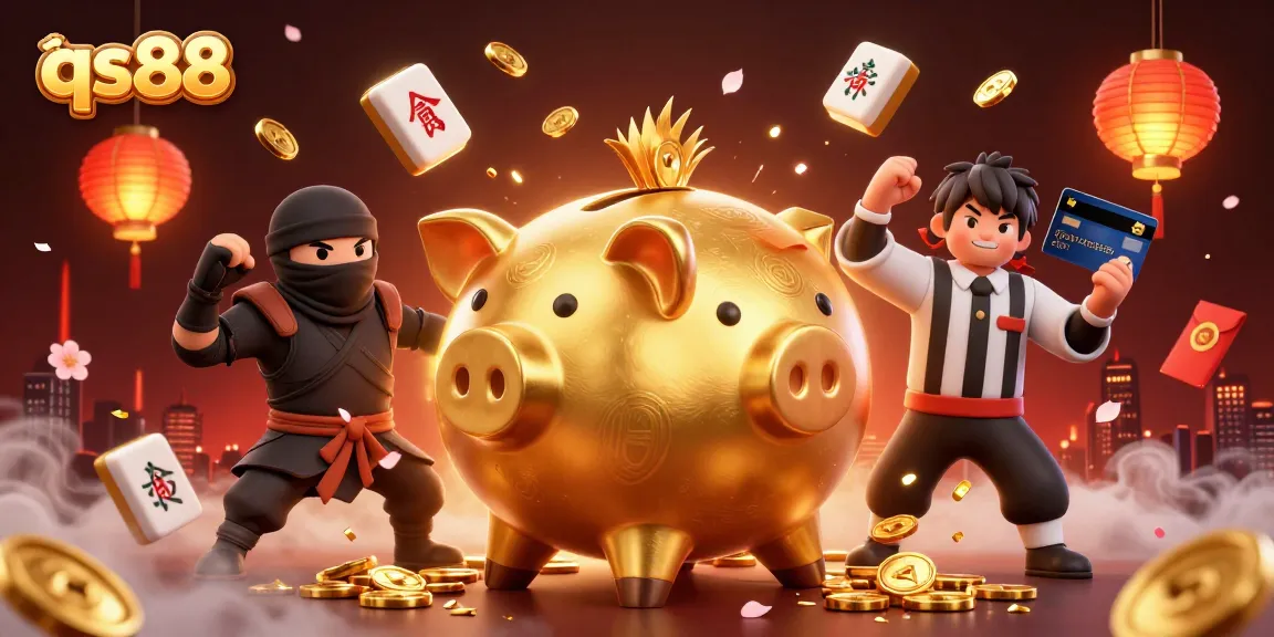 Experience qs88's dynamic gaming action with a vibrant illustration featuring a golden piggy bank sumo wrestler and playful competitors.