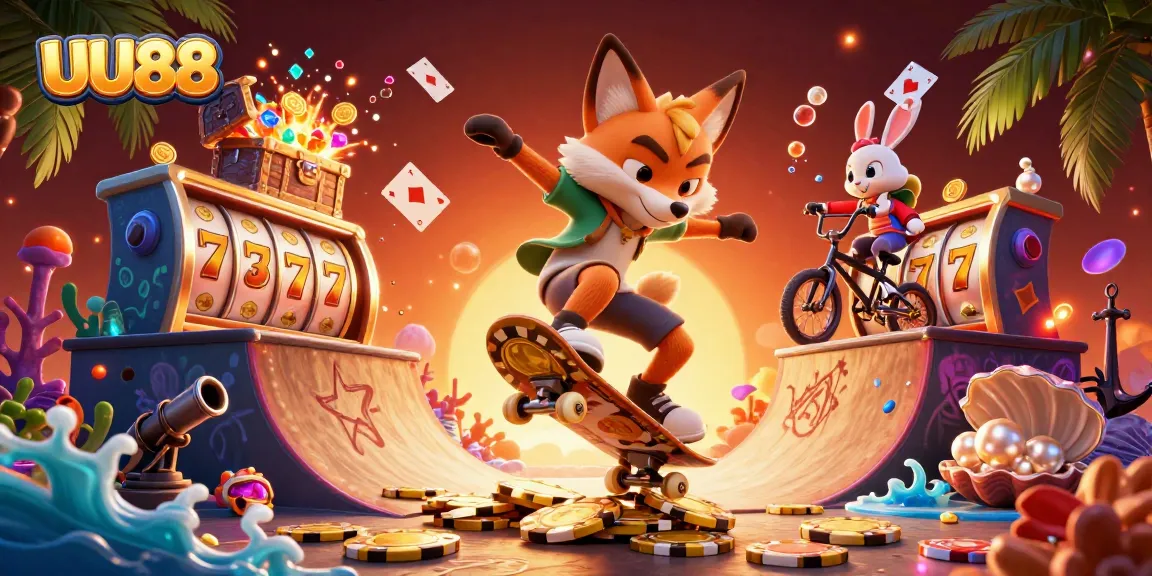 Engage in thrilling casino action with UU88 as lively characters perform dazzling tricks in an exciting gaming scene.
