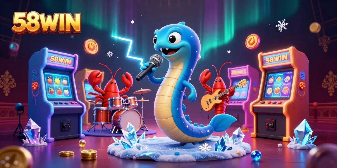 Experience the electrifying environment of 58WIN with a DJ eel, a lobster drummer, and a seahorse guitarist in a vibrant underwater casino.