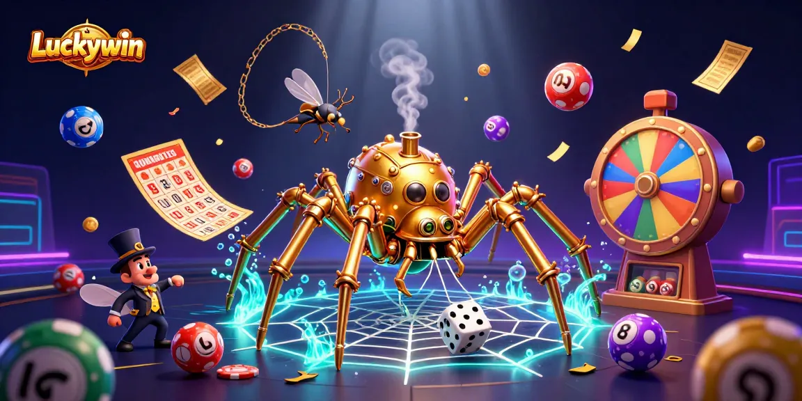 Luckywin captivates with a dynamic scene of a steampunk spider webbing gaming elements and caught dice.