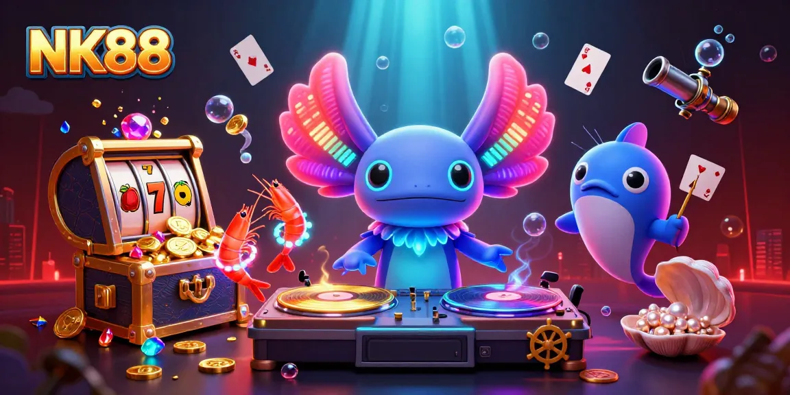 Experience exciting gameplay with NK88's vibrant casino illustration featuring a DJ, shrimp dancers, and slot games.