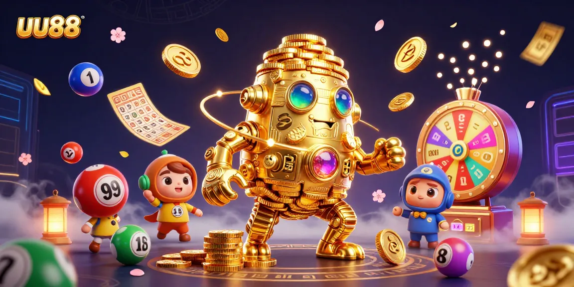 Win big with uu88's dynamic gaming adventure featuring a golden coin golem and vibrant casino elements.