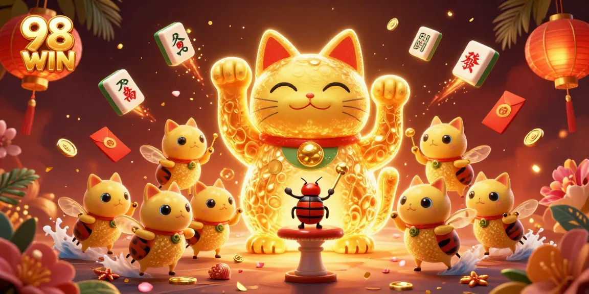 Celebrate wins at 98WIN with an enchanting illustration of a lucky cat and casino symbols.