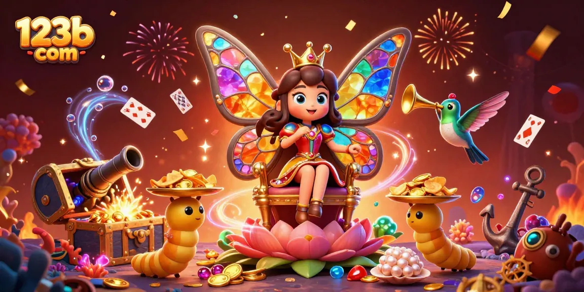 Experience the vibrant excitement of 123b com with a butterfly queen and colorful treasures in this lively casino illustration.