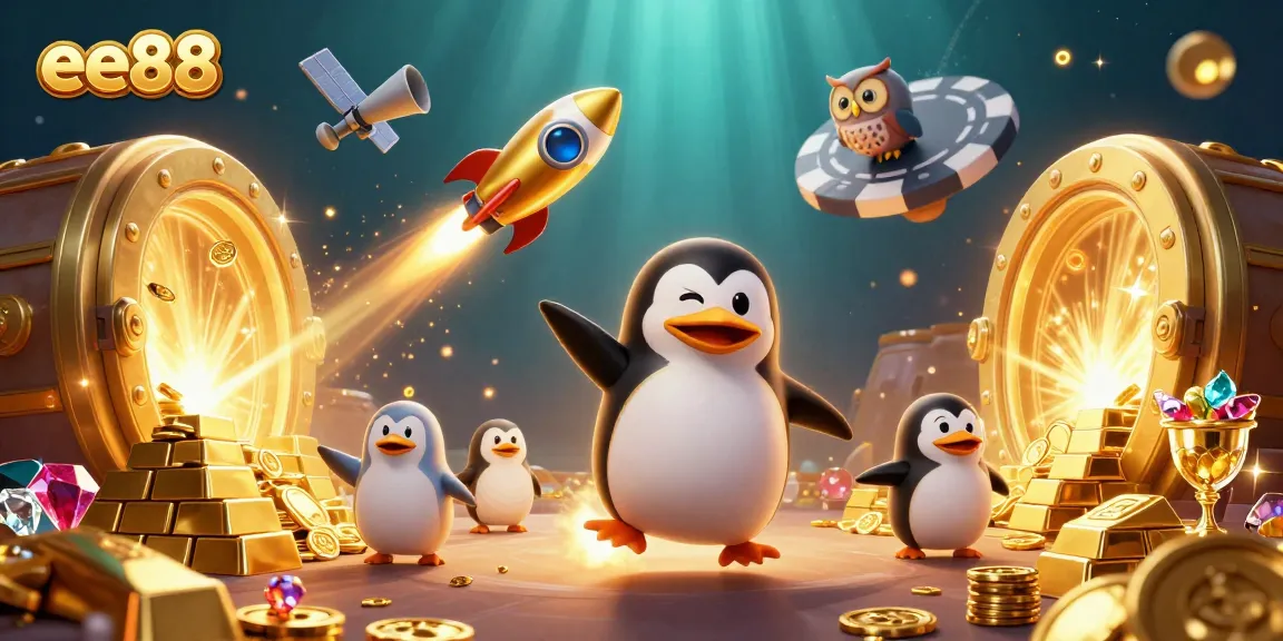 ee88 rocket-powered penguin zooms to a casino station amidst riches in space-themed illustration